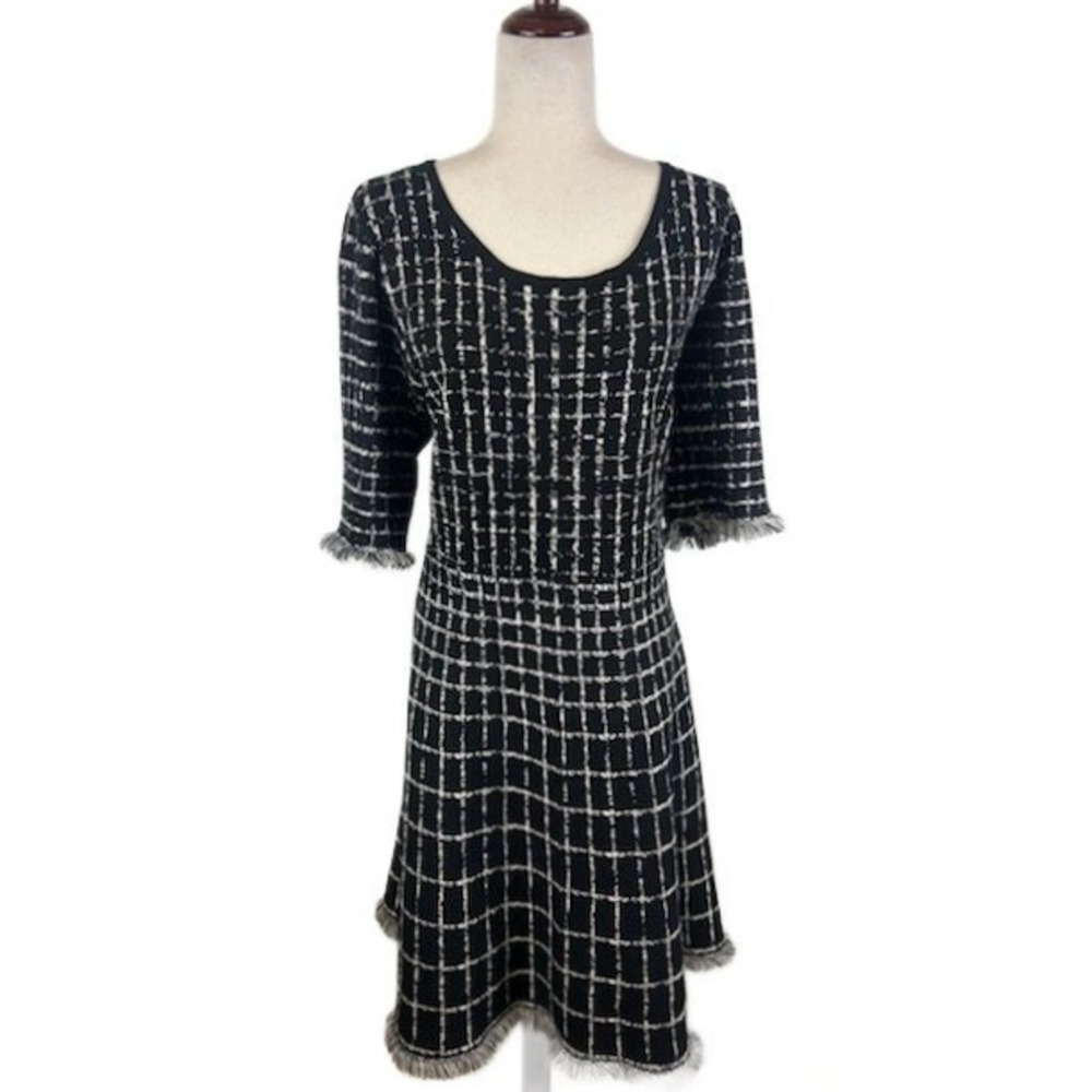 Taylor Plaid Tweed Dress Women's Size 2X Black Fringe Trim Elbow Sleeve Career